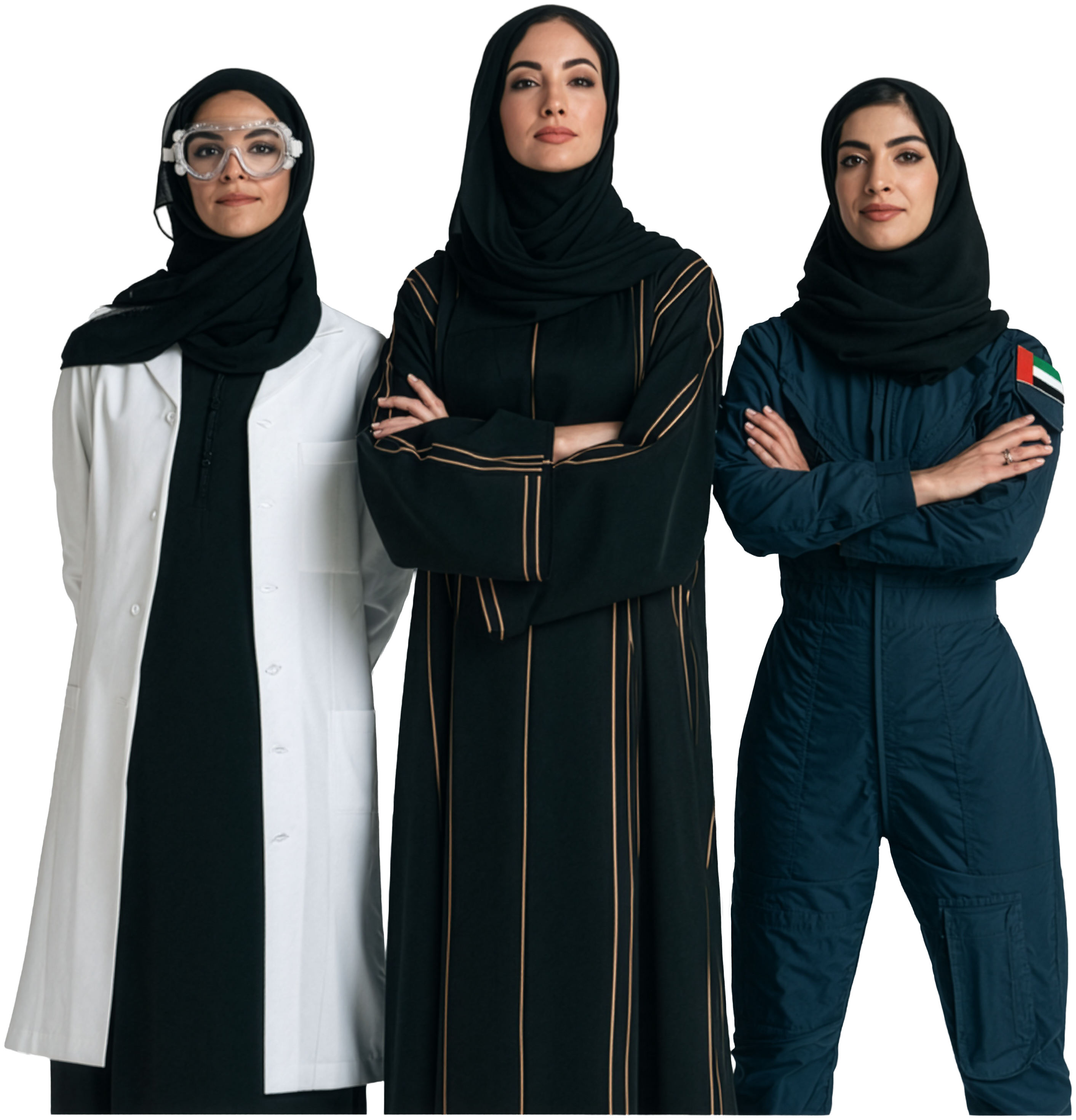 Three Emirati women representing science, tradition, and aviation